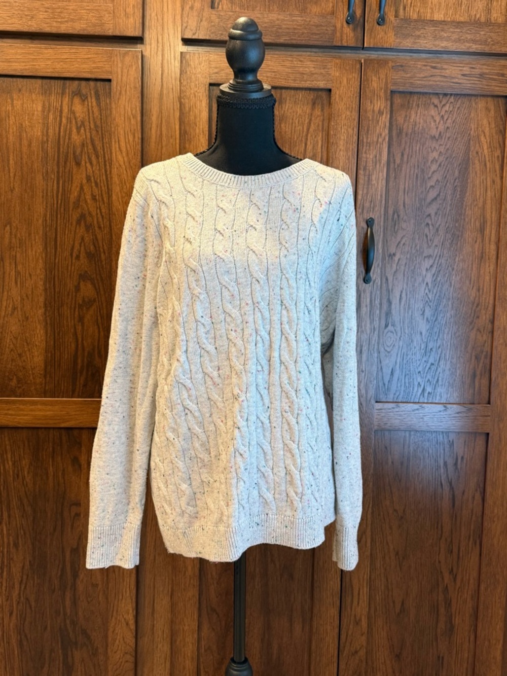 Talbots Tweed Cable Knit Crewneck Sweater Light Gray XL Classic Cozy